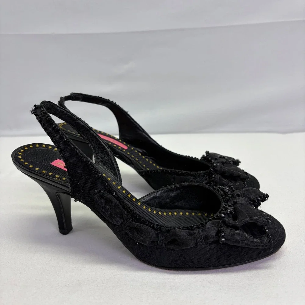 Y2K Betsey Johnson Black Lace Bow Slingback Heels 8.5M Beaded Whimsigoth Rare